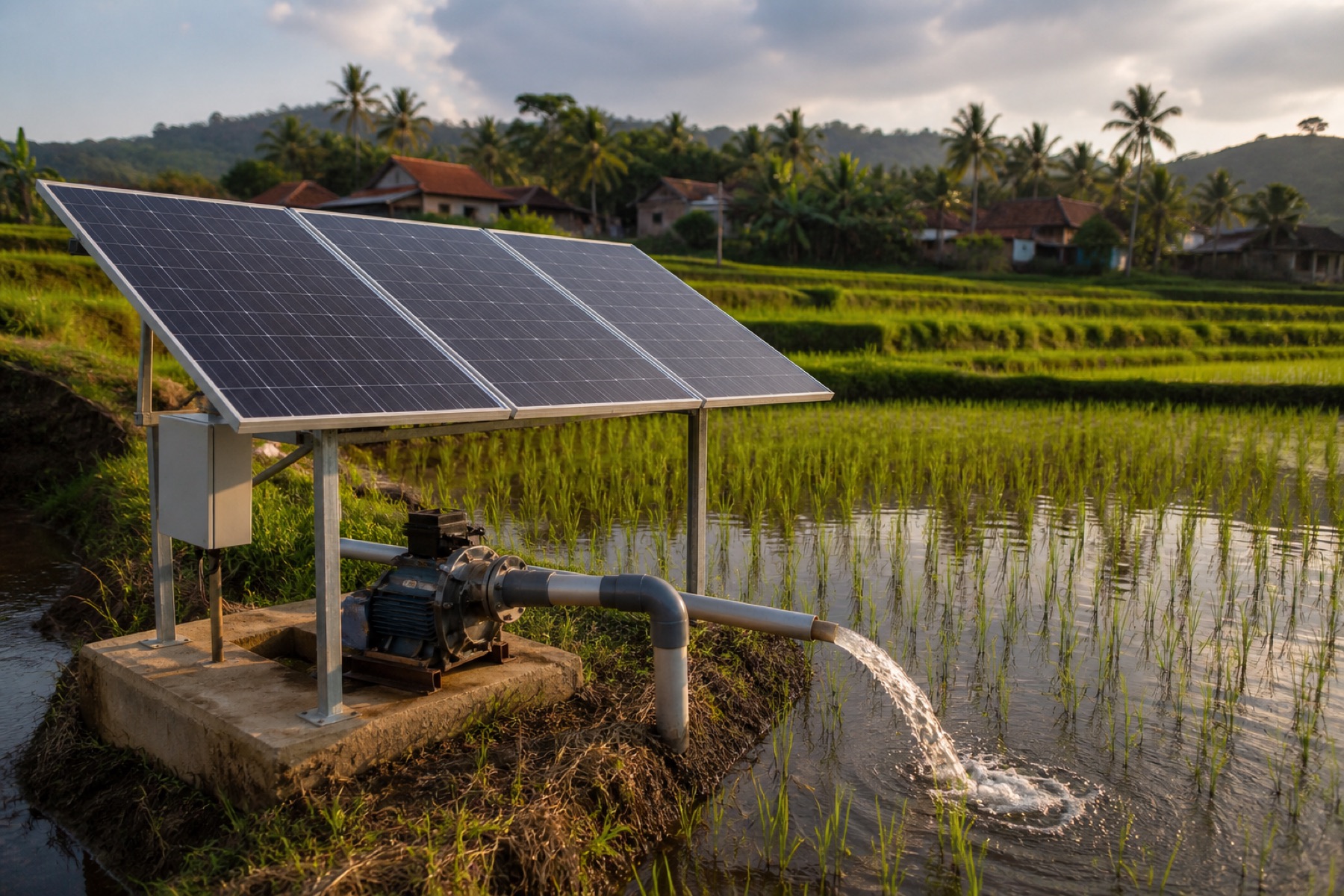 Panel surya dan pompa mengairi petak sawah