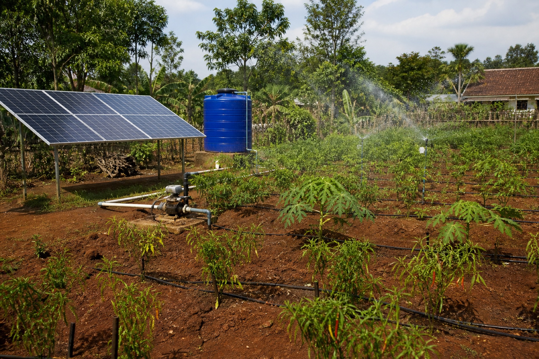 Kebun dengan panel surya, tandon, dan sprinkler